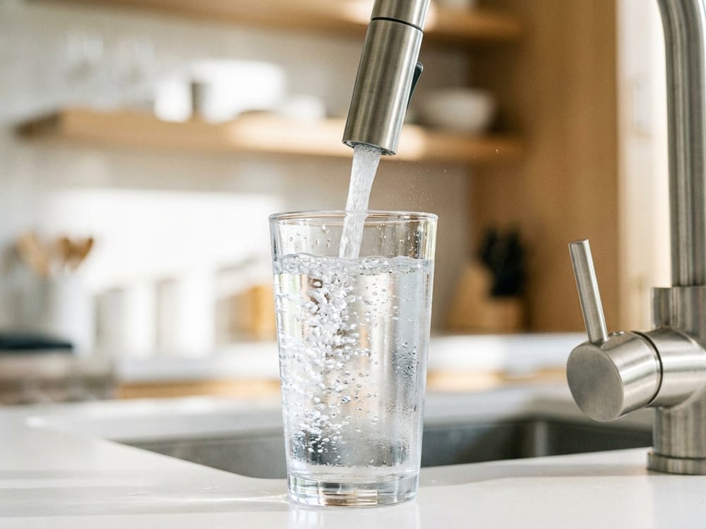 A glass of clear filtered drinking water at a kitchen faucet