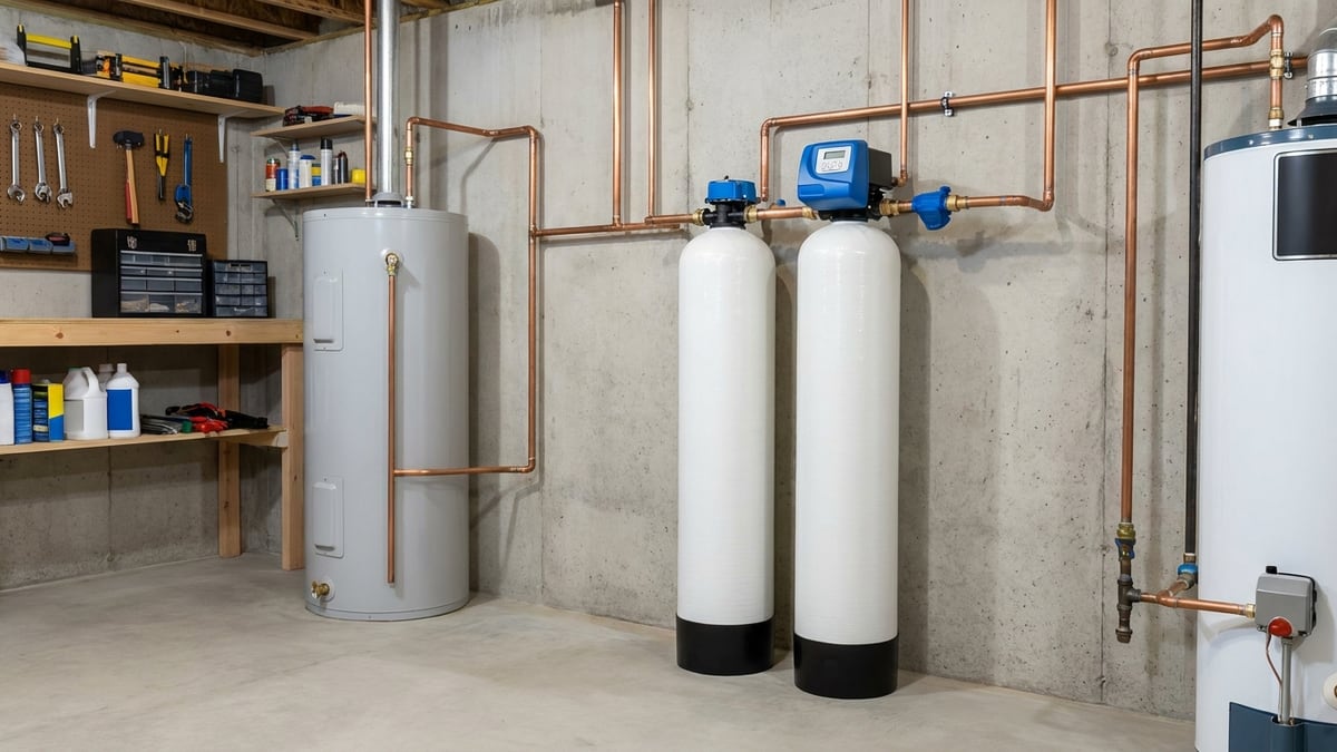 A whole-house water filtration and softener system installed in a basement beside the water heater